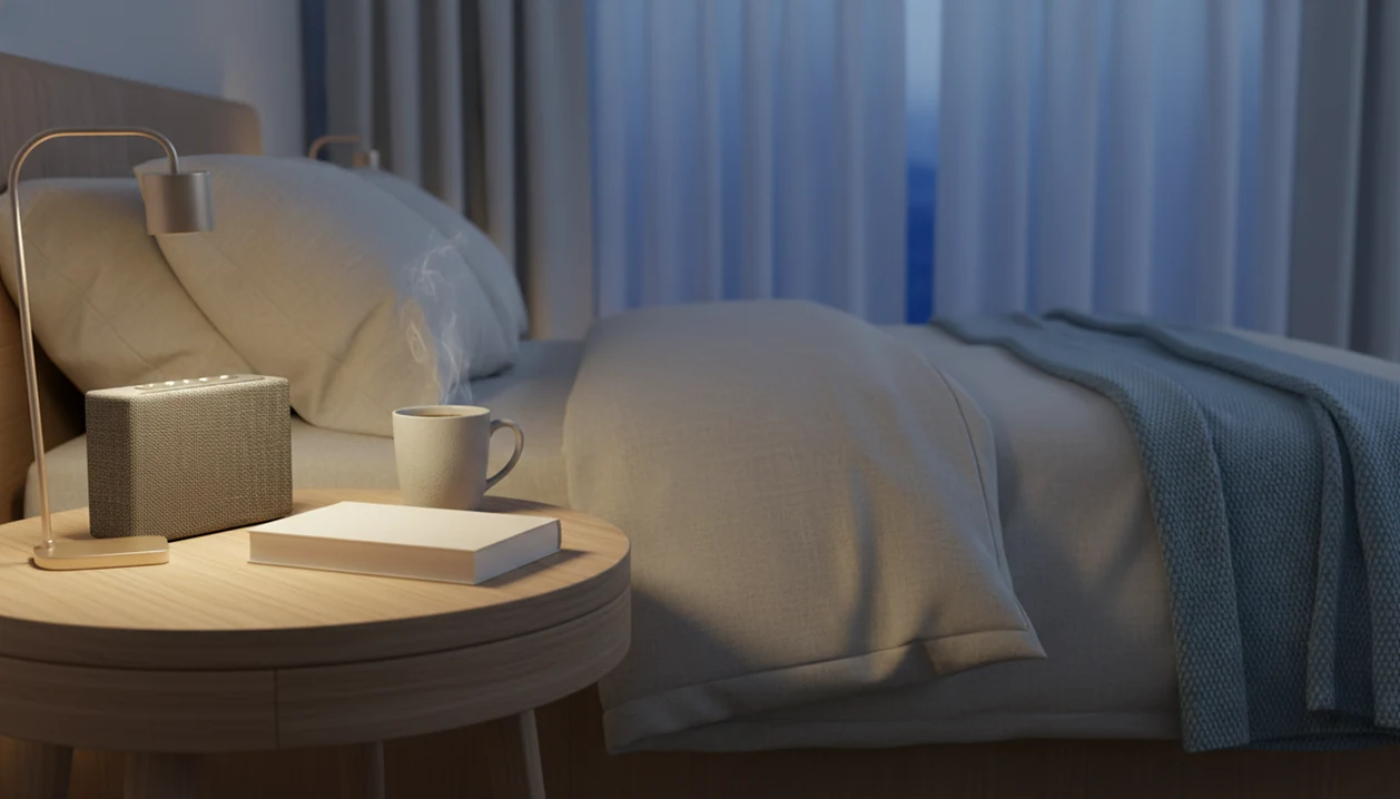 A quiet bedside table with a speaker, tea, book, and warm lamp set for a screen-free sleep story.
