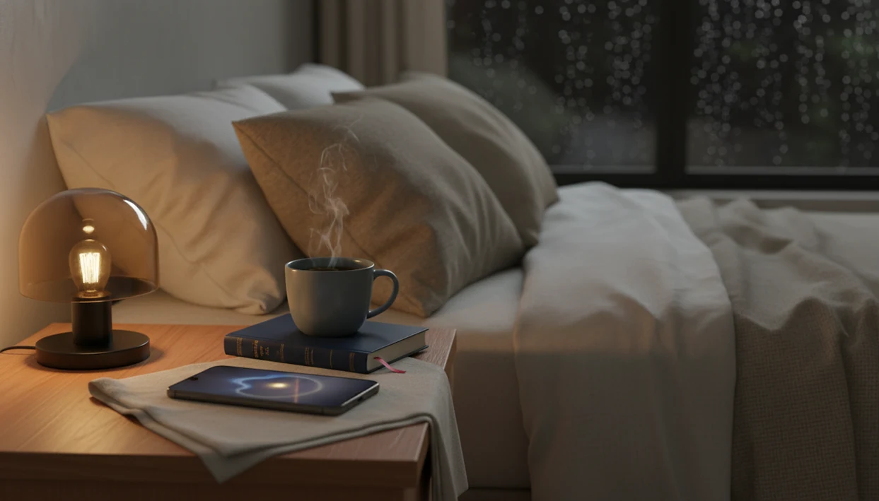 A dim smartphone rests on a nightstand beside a book, tea, and warm lamp in a calm adult bedroom.