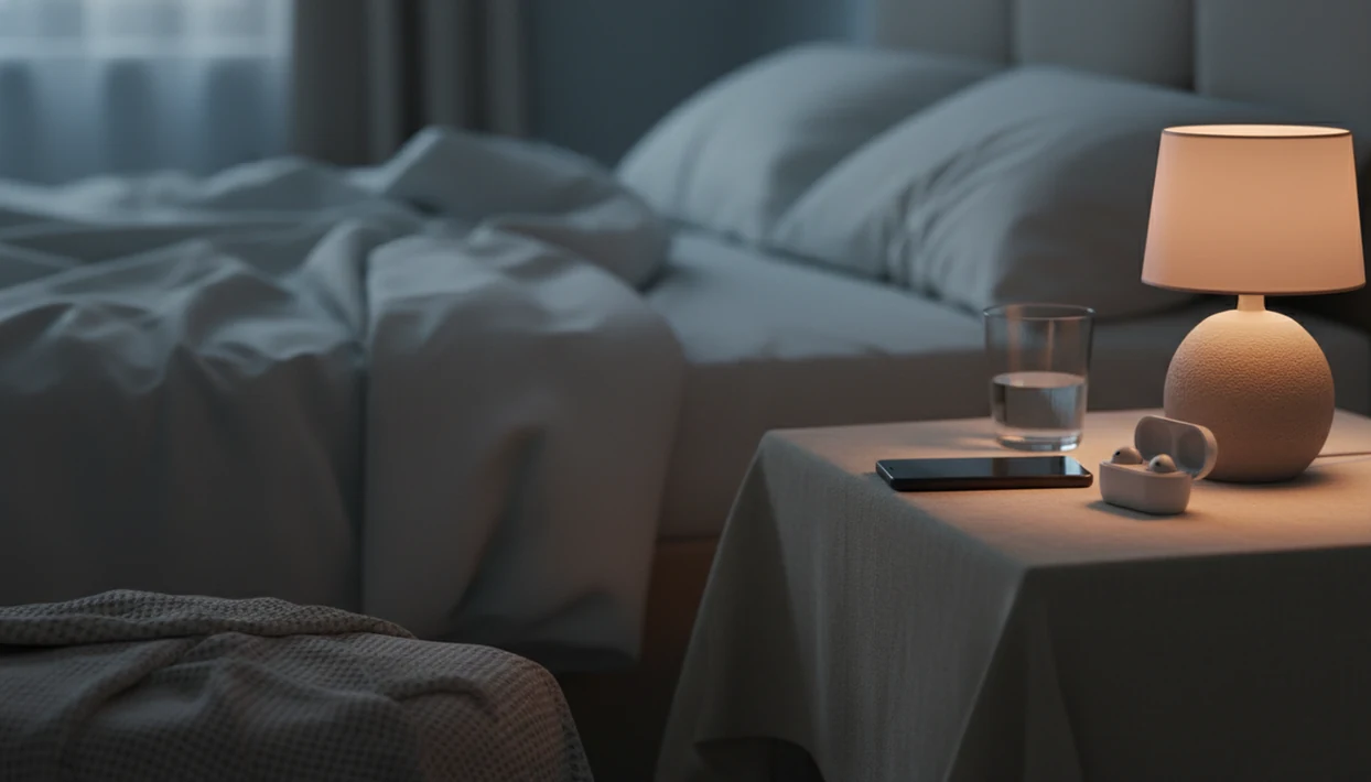 A dim bedside table with a phone, earbuds, lamp, and water set up for listening to sleep stories.