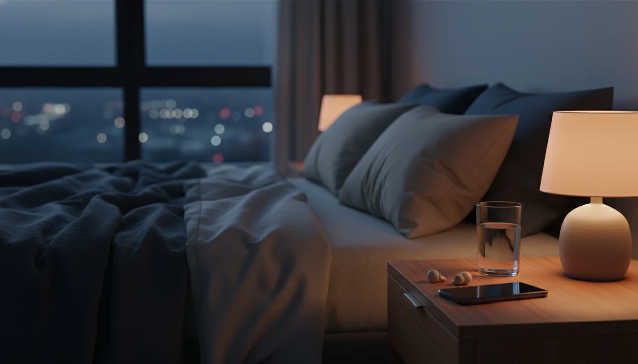 A quiet bedside table with a face-down phone, earbuds, water, and warm lamp light at night.