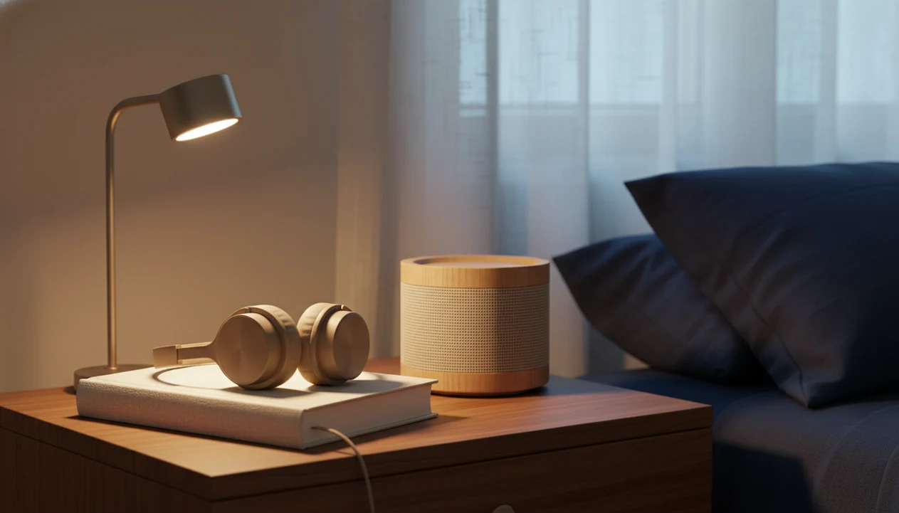 A bedside still life contrasts a book with headphones and a soft sleep speaker near a pillow.