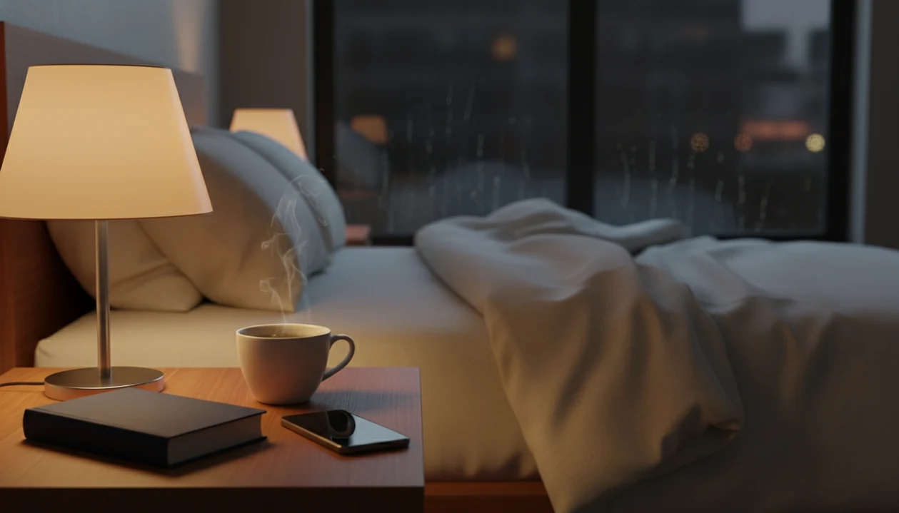 A quiet bedside table with a closed book, face-down phone, tea, and warm lamp light before sleep.