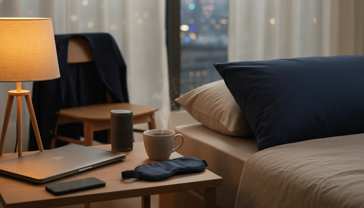 A calm bedside setup with a closed laptop, phone, speaker, tea, and warm lamp after work.