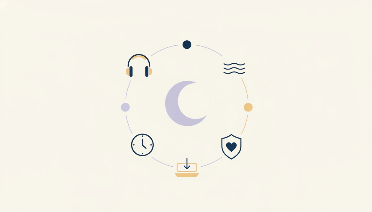 A minimal icon diagram shows key criteria such as narration, timers, downloads, safety, and sleep sounds.