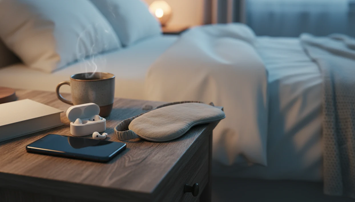 A calm nightstand setup with a phone, earbuds, tea, sleep mask, and soft bedside lighting.