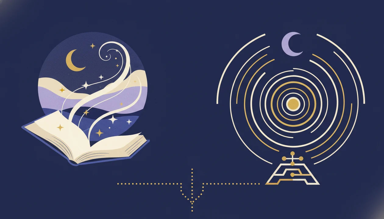 An abstract split illustration contrasts bedtime stories with structured meditation for sleep choices.