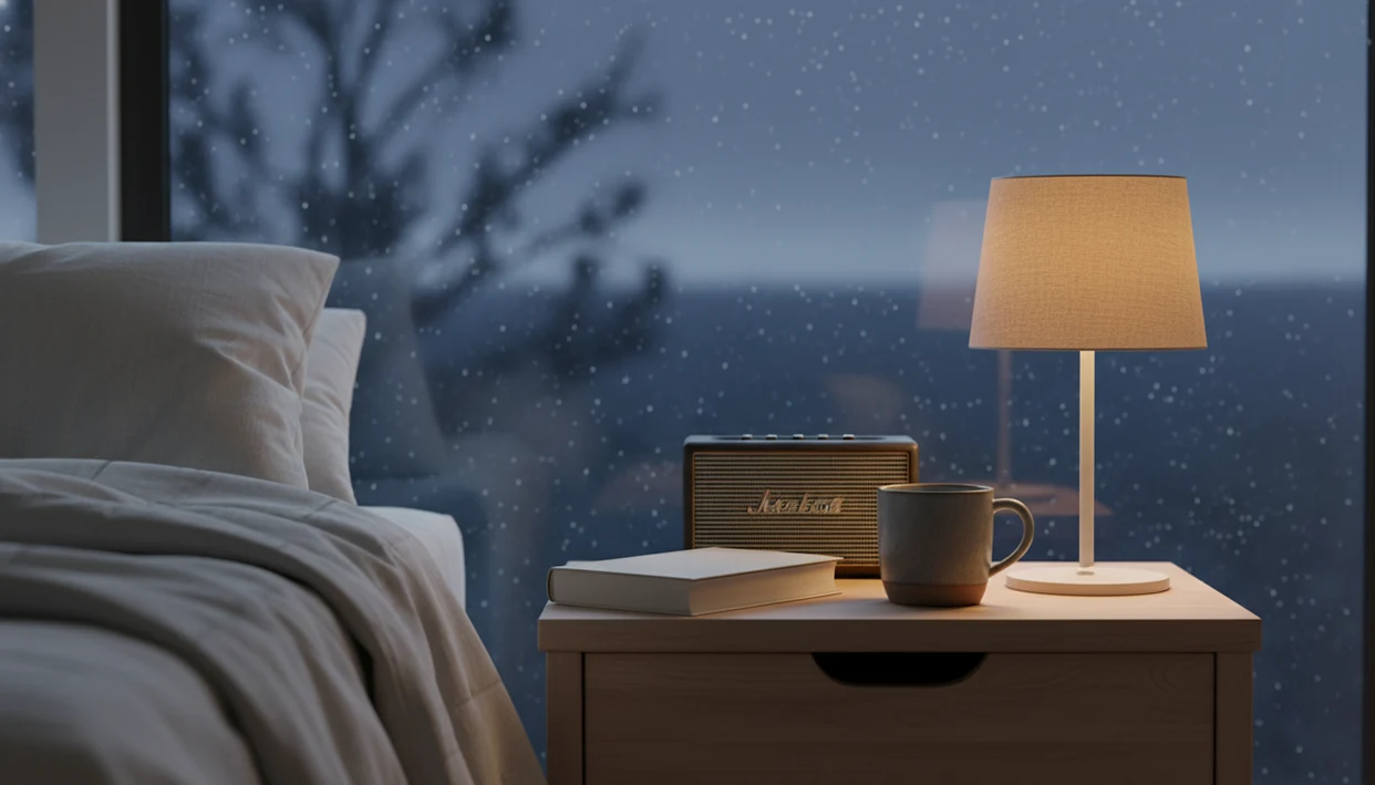 A quiet bedside table with a closed book, speaker, mug, warm lamp, and rainy night window.