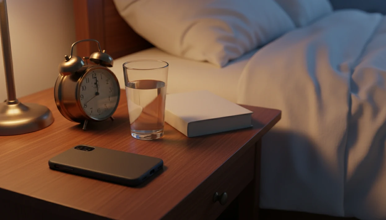 A face-down phone rests on a calm bedside table with a clock, water glass, and book at night.