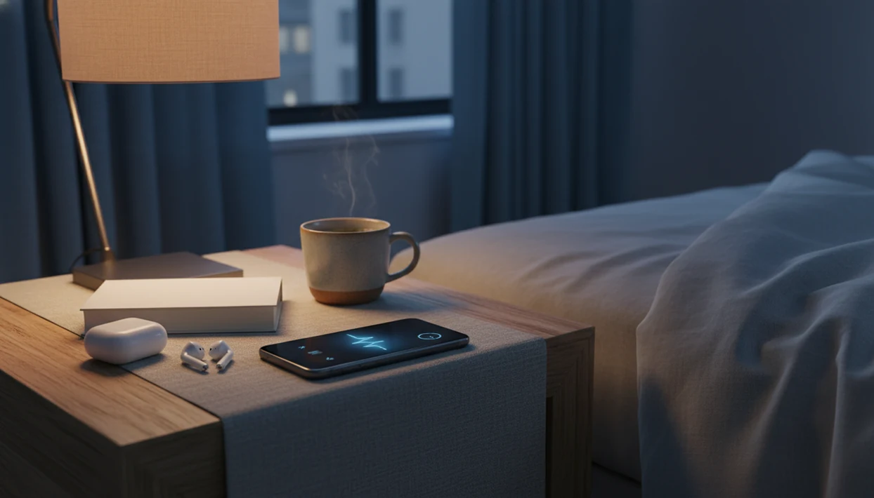 A dim bedside table shows a phone, earbuds, tea, and a book ready for a calming sleep audio routine.