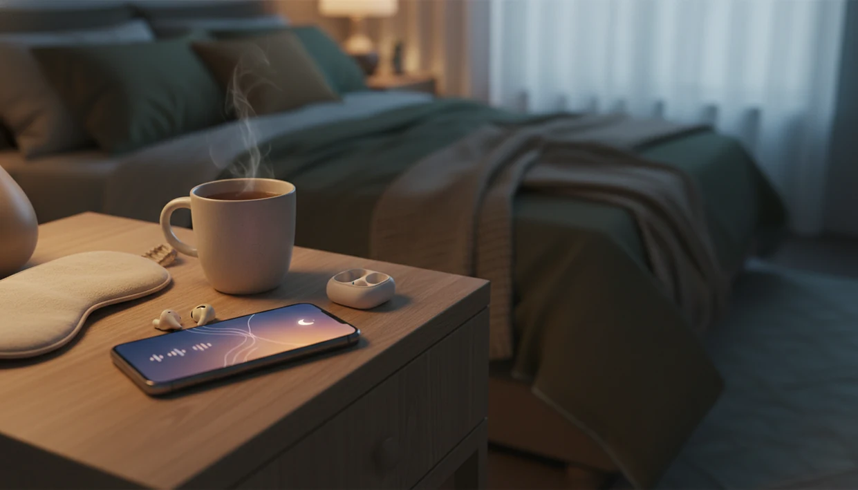 A dim smartphone, earbuds, sleep mask, and tea sit on a calm bedside table at night.