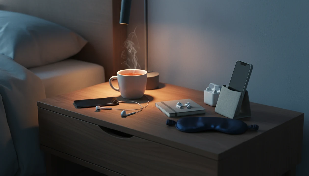 A calm bedside still life contrasts simple podcast listening with a more structured sleep app routine.