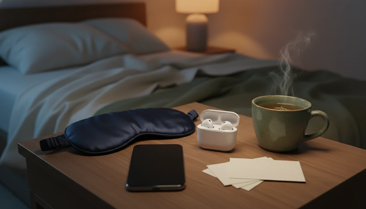 A calm bedside table with earbuds, tea, sleep mask, and a face-down phone ready for bedtime audio.