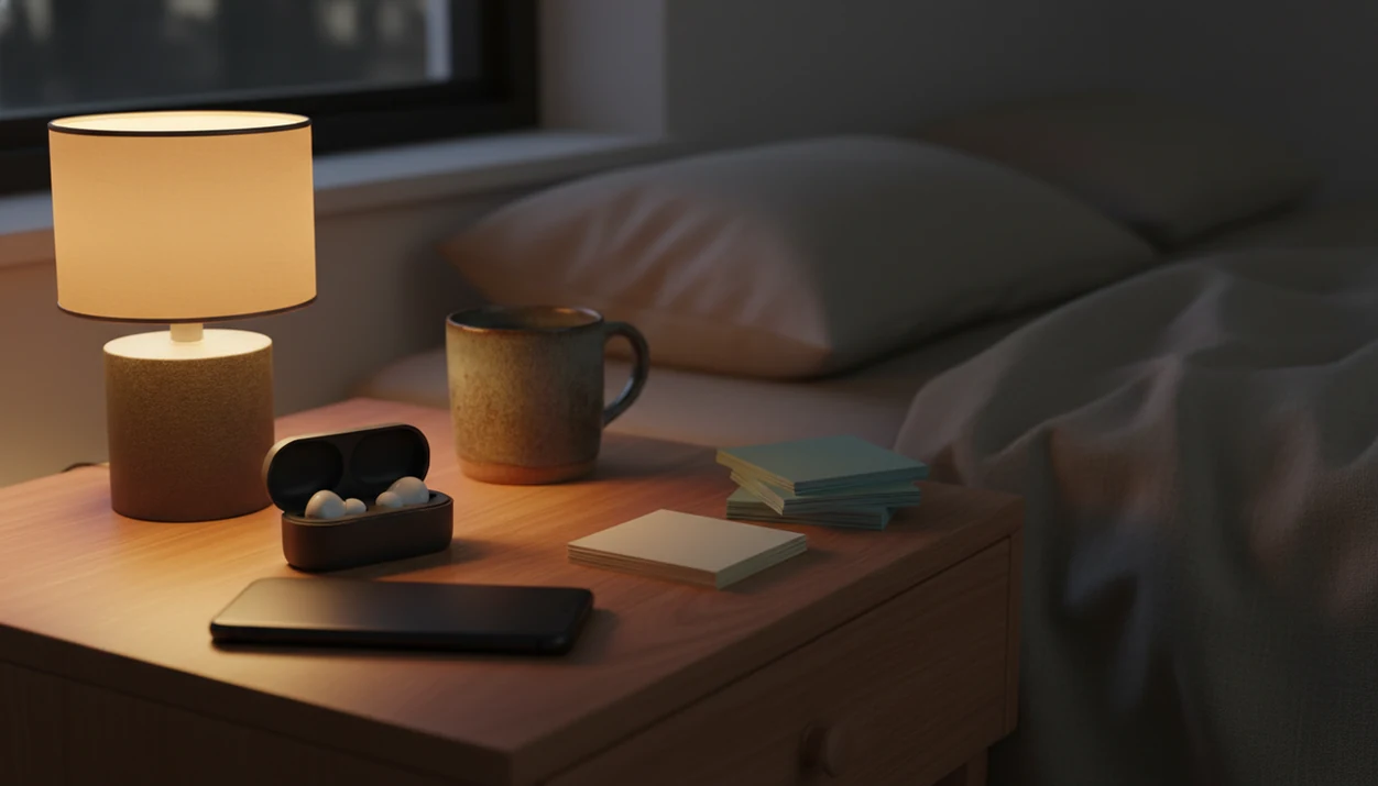 A calm bedside still life suggests choosing between consistent and varied sleep-story listening.