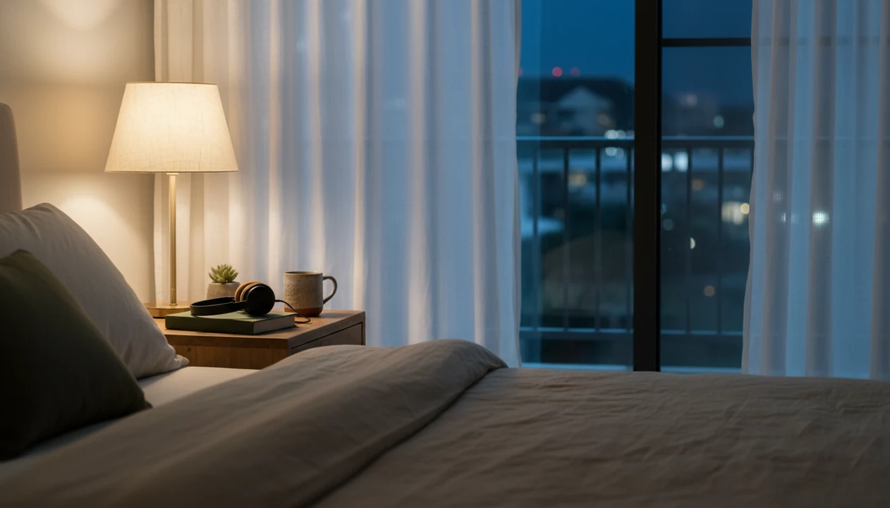 A quiet adult bedside with a closed book, headphones, warm lamp light, and a dark window beyond.