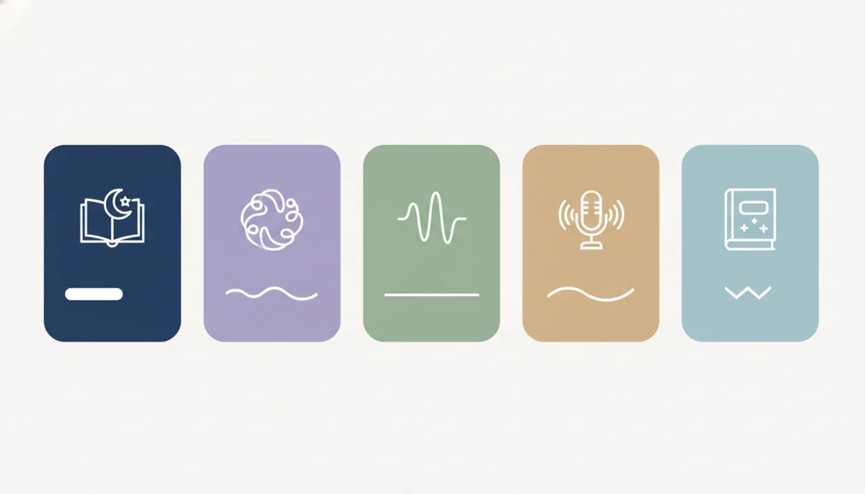 A clean visual comparison uses icons for stories, meditation, soundscapes, podcasts, and classic books.