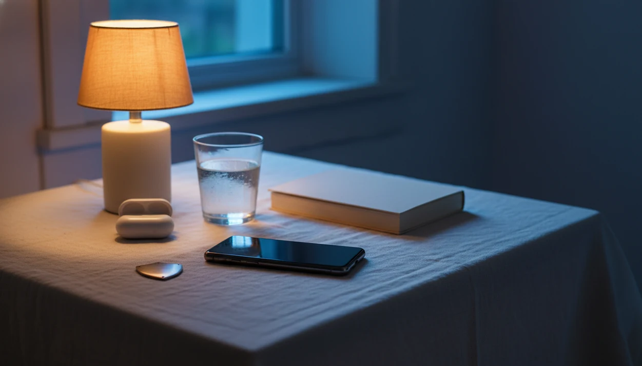 A face-down phone on a calm bedside table suggests private sleep audio without overnight tracking.