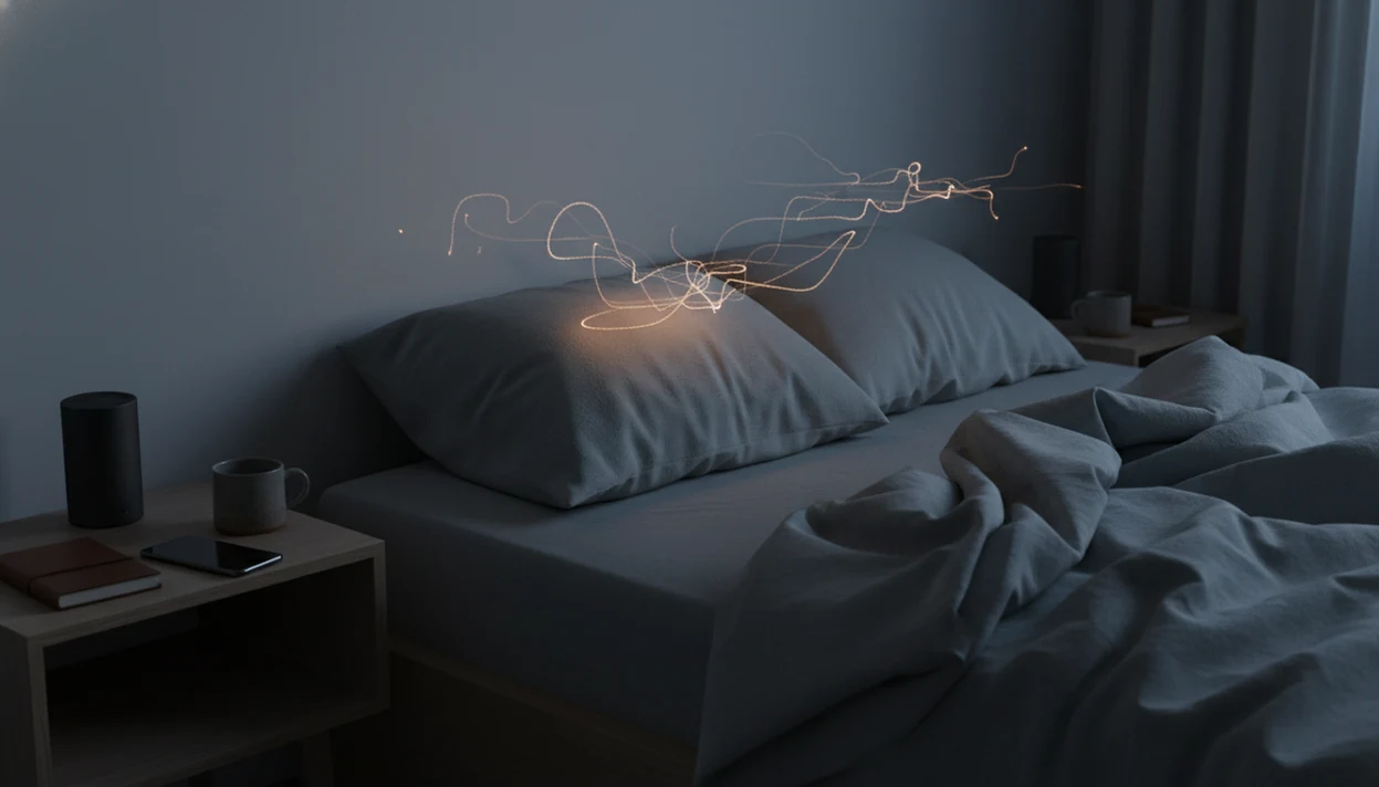 A quiet bedside scene with a face-down phone and faint light trails above an empty pillow.