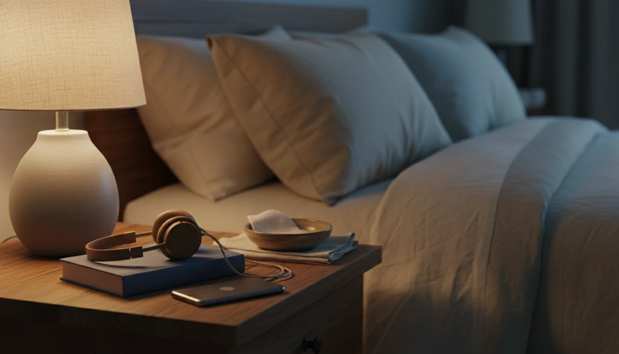 A quiet bedside table with a closed book, headphones, and a face-down phone under warm lamplight.