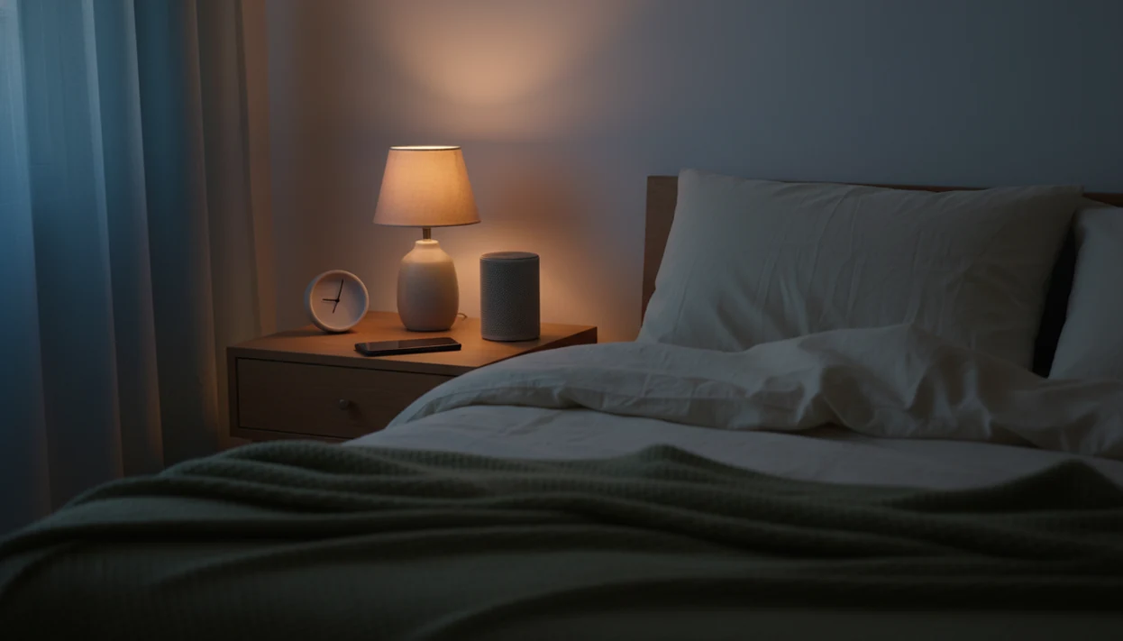 A face-down phone and small speaker sit on a softly lit bedside table beside an inviting bed.