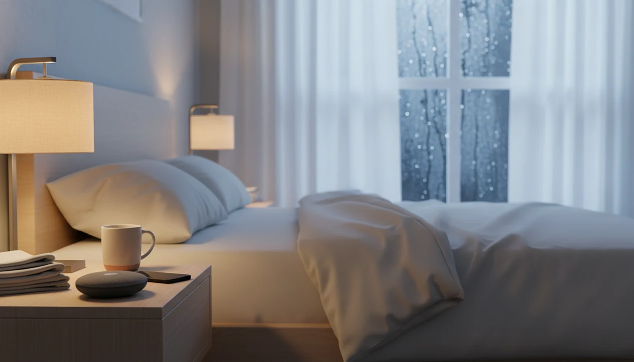 A quiet bedside table with a small speaker in a softly lit bedroom at night.