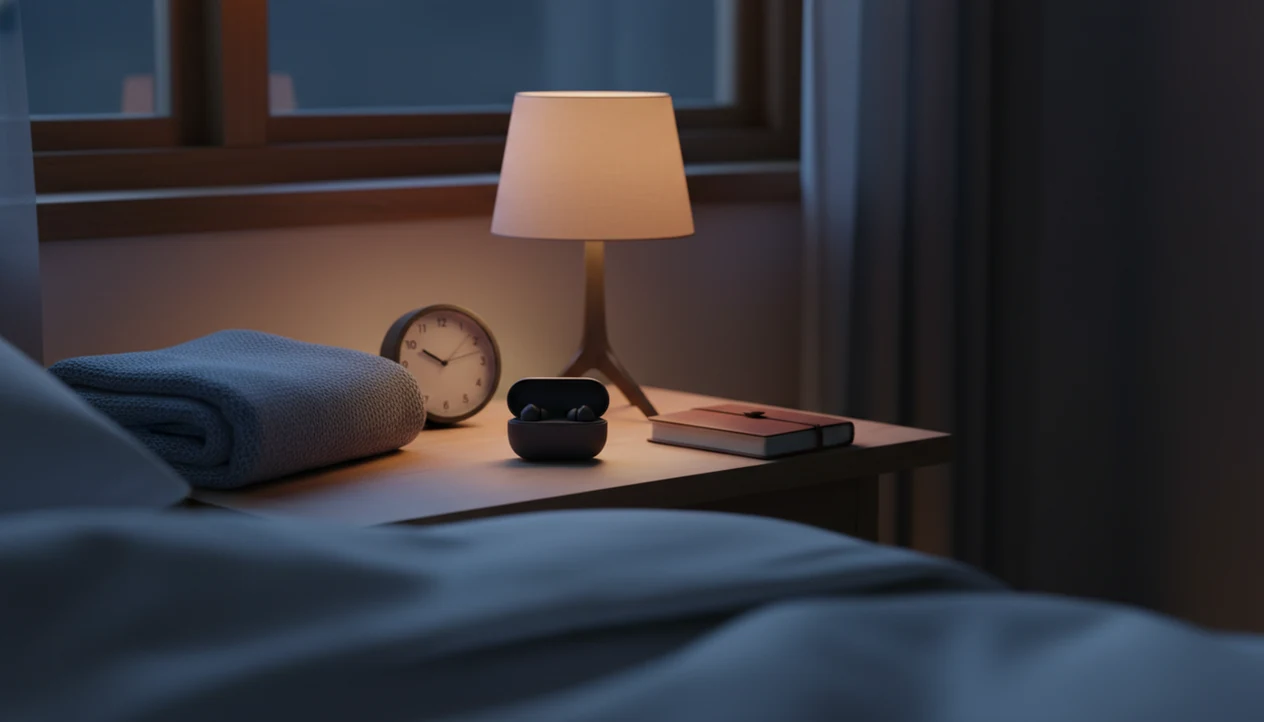 A quiet bedside table with earbuds, a lamp, and a clock suggesting a pause in sleep meditation.