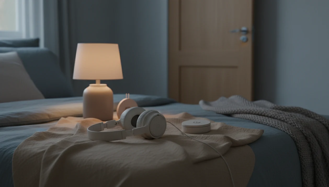 A quiet bedside scene with headphones, soft lighting, and simple audio controls for a calmer night.