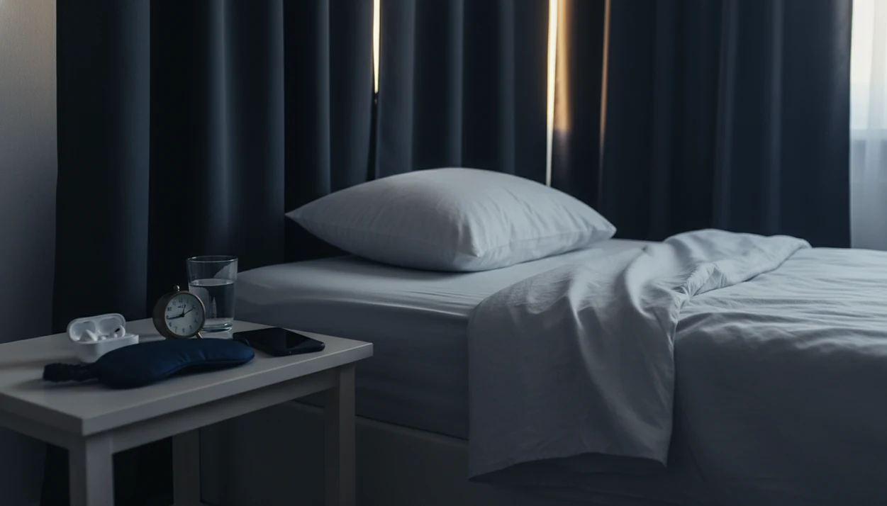 A dim daytime bedroom set up for shift worker sleep with earbuds, sleep mask, and blackout curtains.