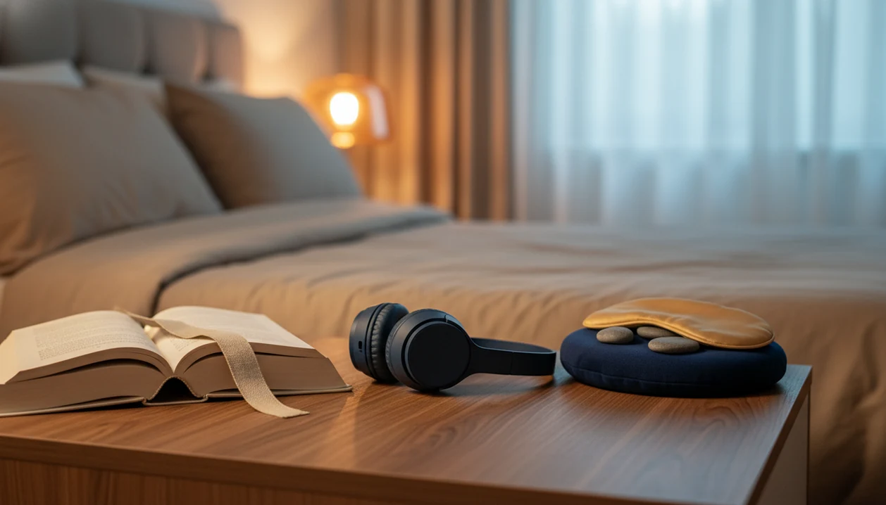 A calm bedside still life contrasts an open book, meditation cushion, eye mask, and headphones at night.