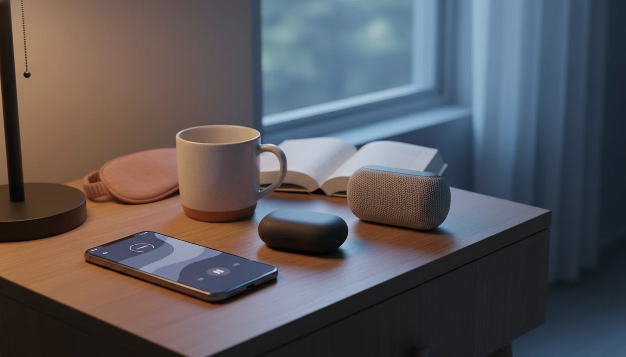 A calm bedside nightstand contrasts a sleep story app setup with podcast listening objects.