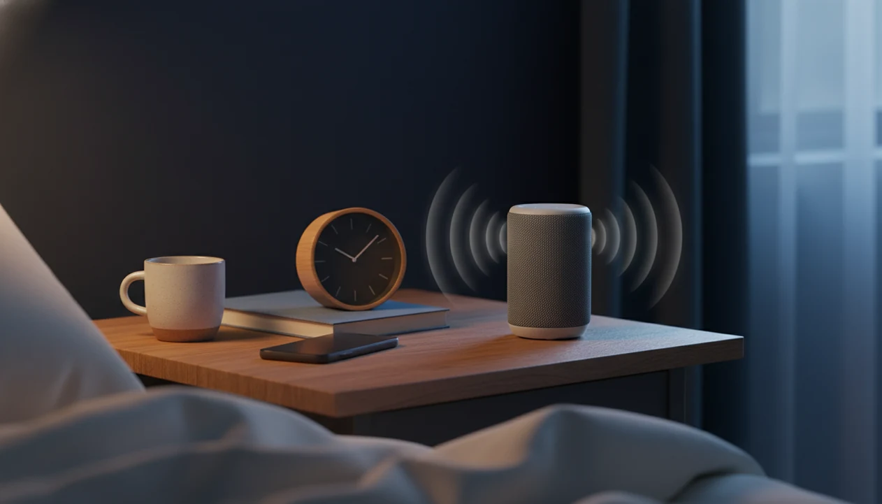 A phone and bedside speaker sit on a nightstand, suggesting sleep stories and white noise before bed.