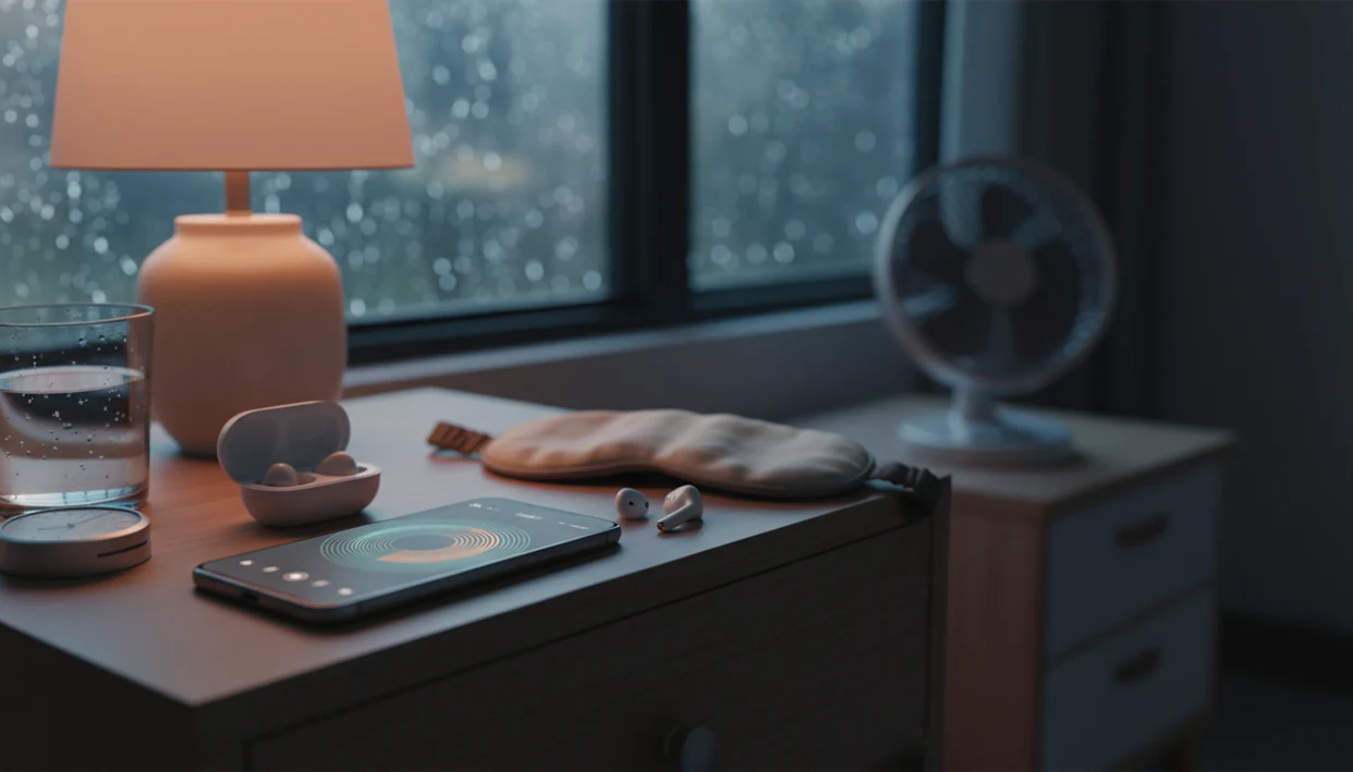 A calm bedside table with a phone, earbuds, timer, rain window, and fan suggesting sleep sound choices.