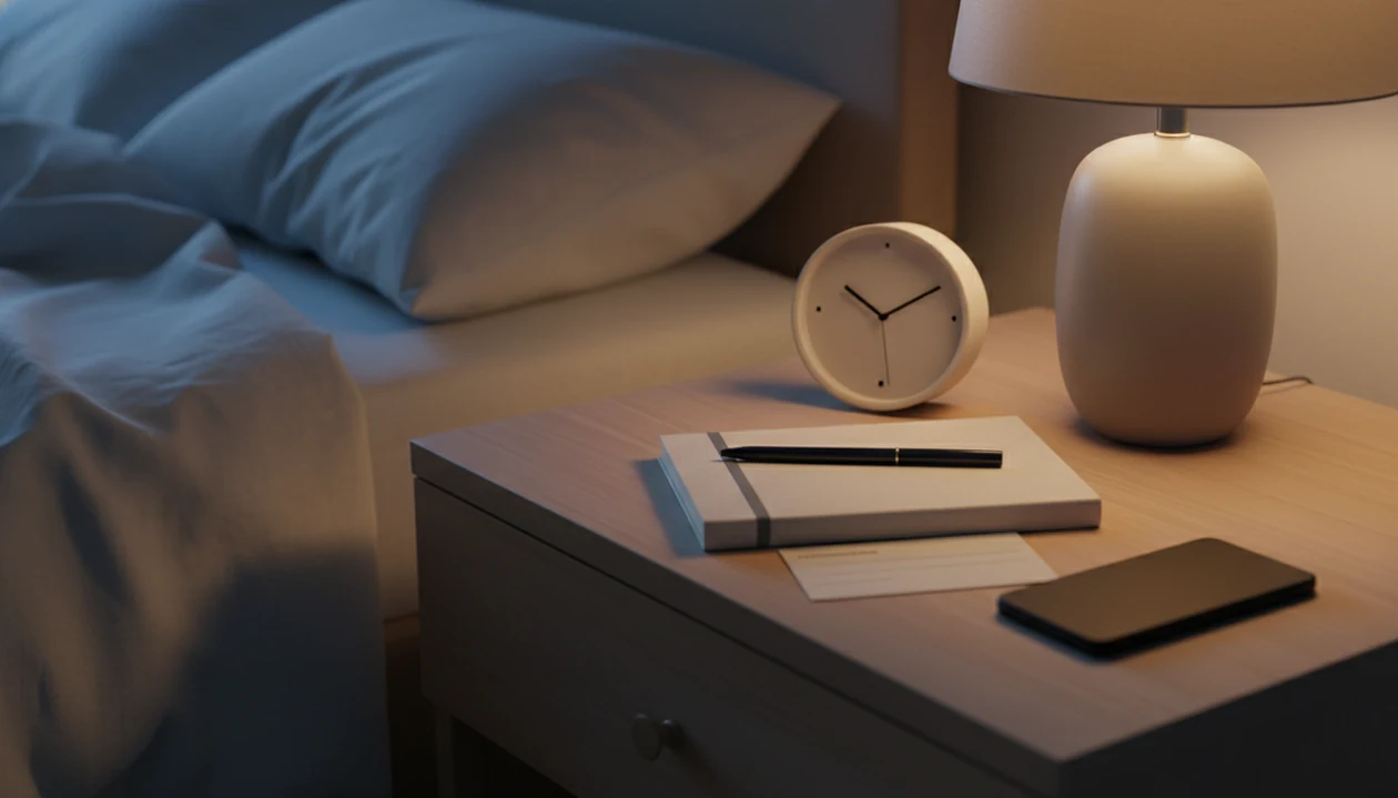 A quiet bedside table with a clock, sleep diary, pen, and phone face down during a sleepless night.