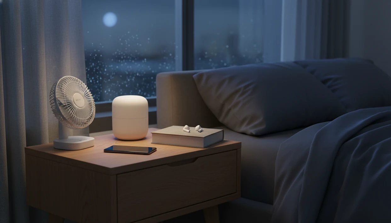 A quiet nightstand shows a phone between a white noise machine and story earbuds in a calm bedroom.
