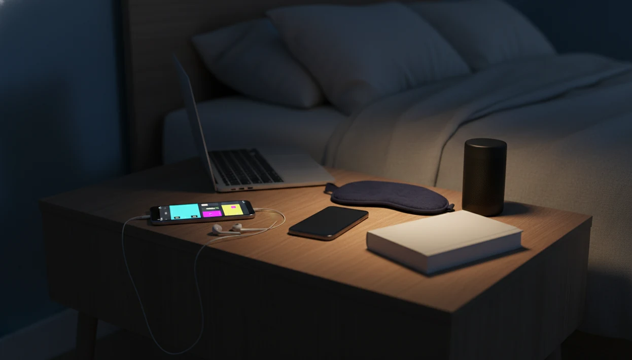 A bedside table contrasts a bright video phone with a calmer sleep app setup at night.